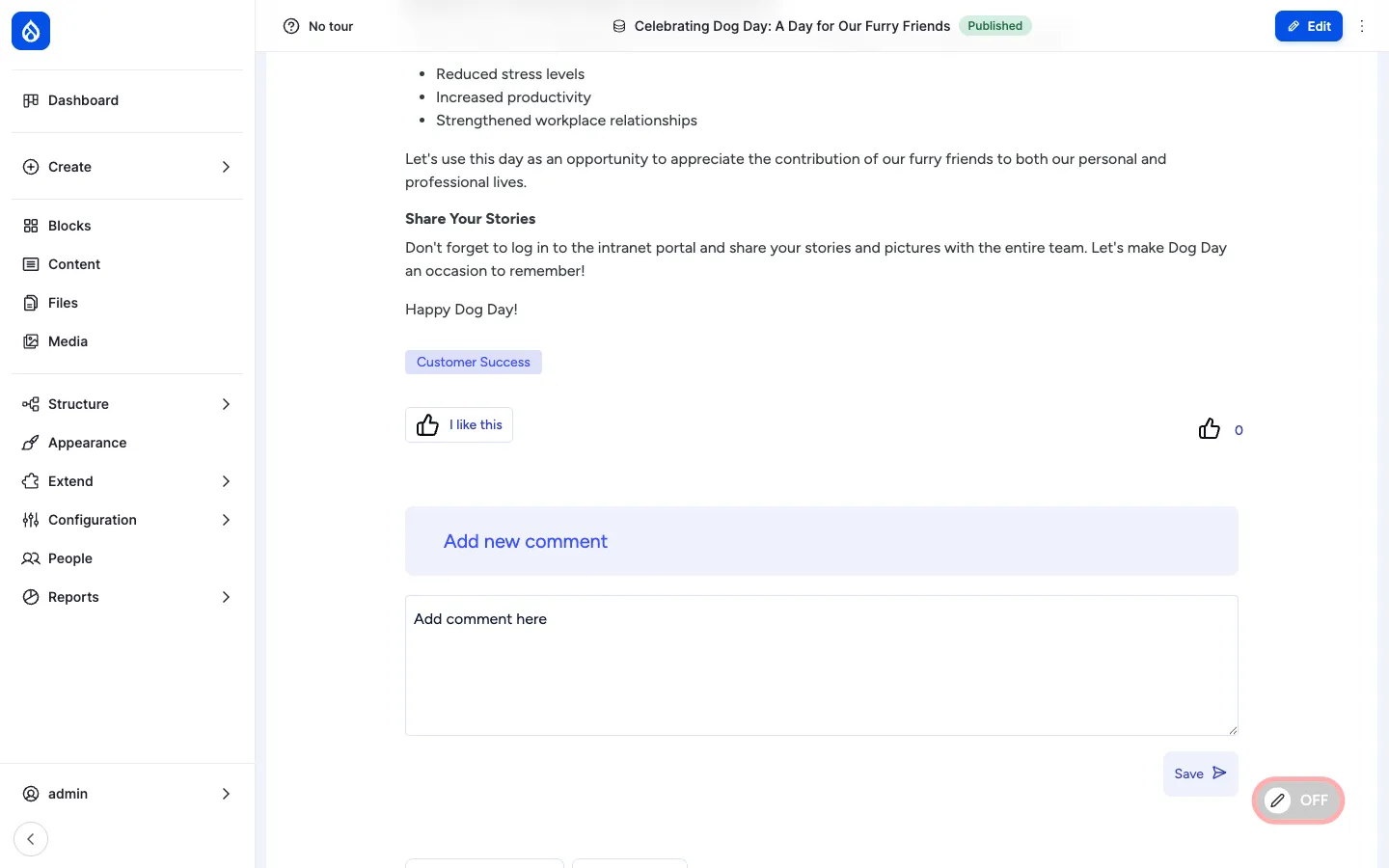 A News article footer with the I like this reaction button, the like counter showing 0, and an Add new comment field below