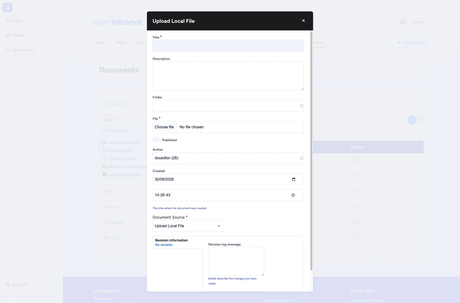 Upload document form showing Title, Description, Folder autocomplete and File picker