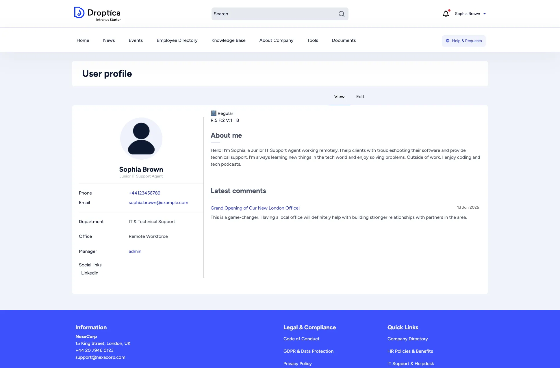 User profile page showing personal details, bio, and recent activity