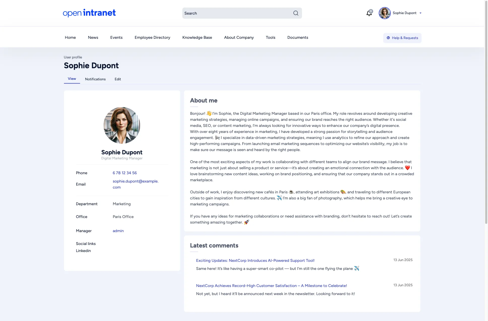 User profile page showing personal details, bio, and recent activity