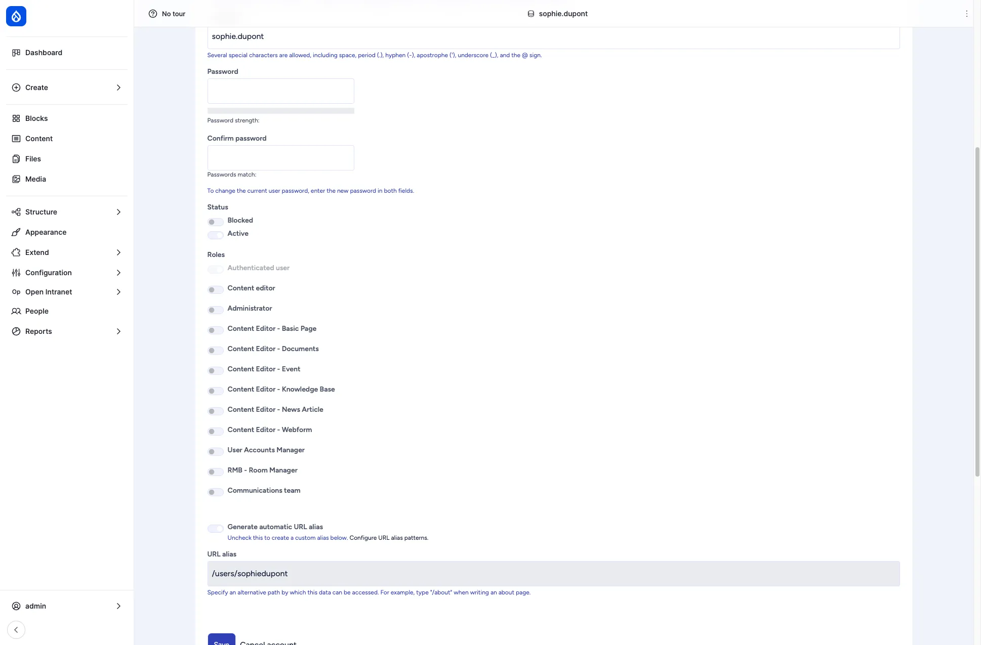 The Account tab of a user with the list of roles