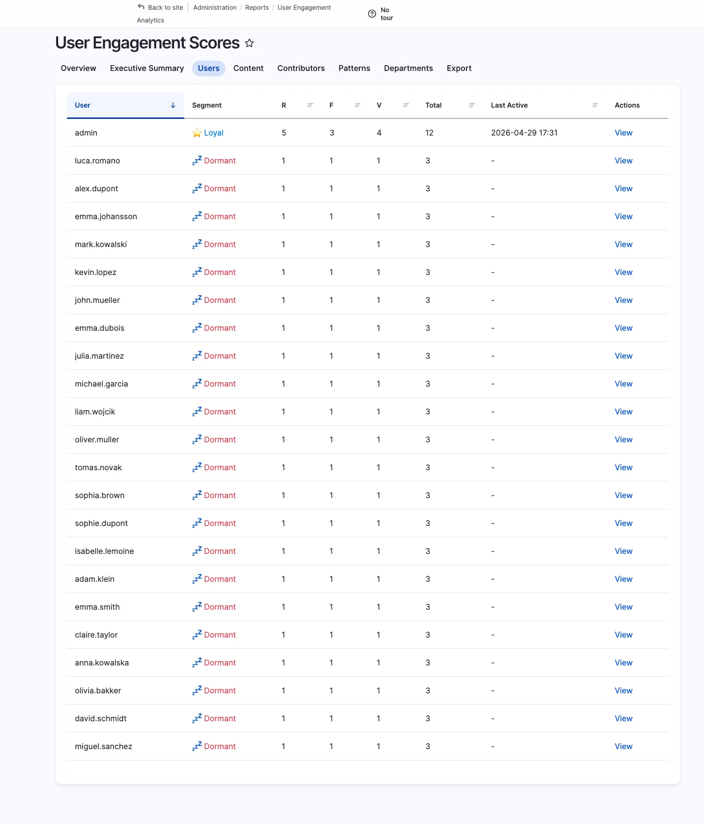 User engagement scores listing with RFV breakdown per user