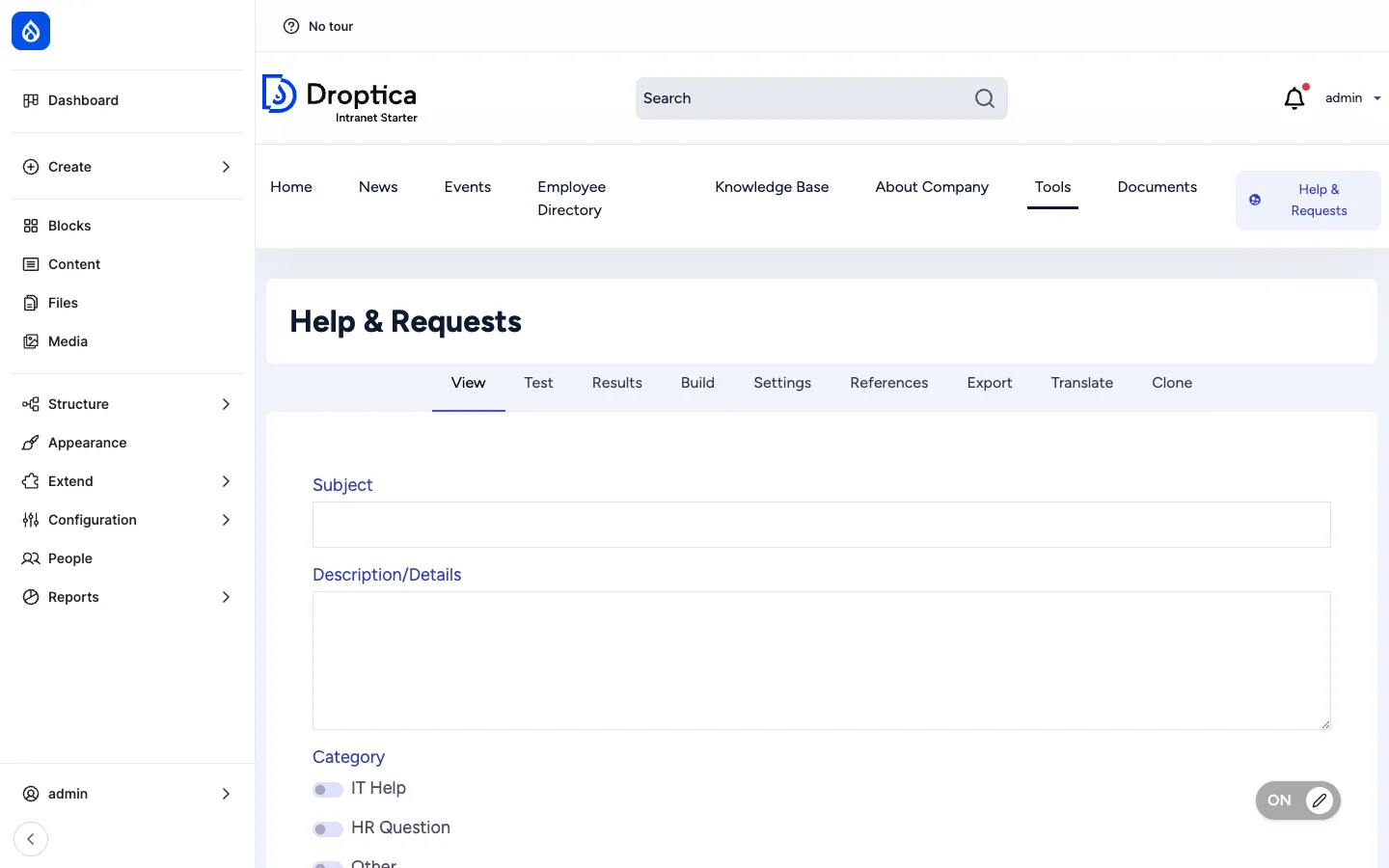Help & Requests webform on the live site at /form/help-requests with Subject, Description/Details and Category fields, plus the admin Local tasks (View, Test, Results, Build, Settings, …)