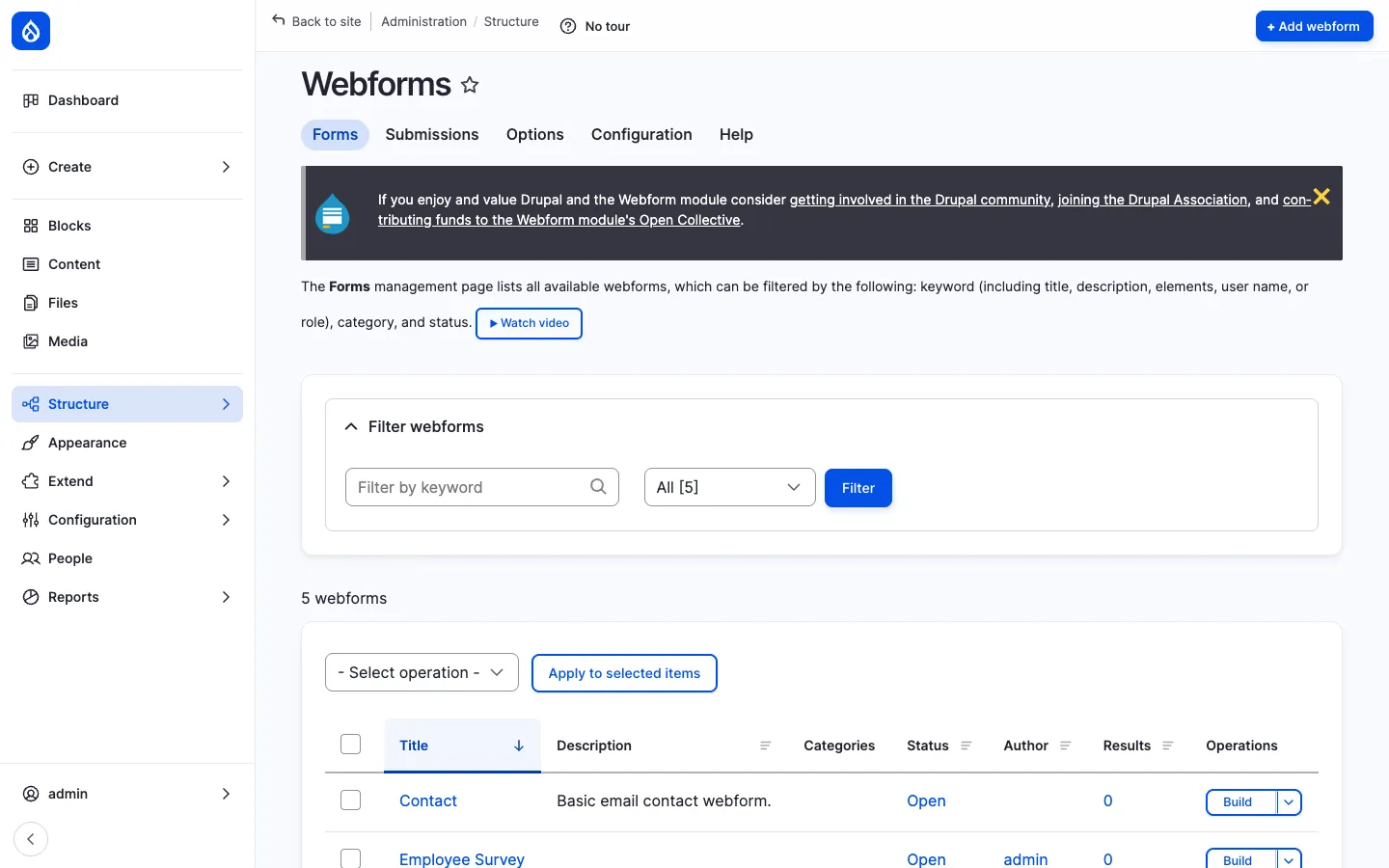 Webforms admin list at /admin/structure/webform with five forms (Contact, Employee Survey, Help & Requests, Submit News, Training Request), each with Title, Description, Categories, Status, Author, Results count and a Build operation