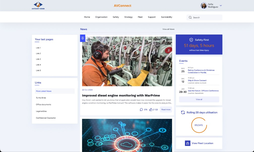 AVConnect home dashboard with news feed, safety stats and events