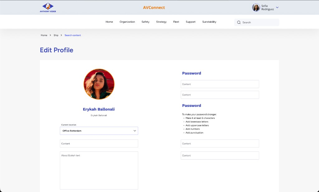 AVConnect user profile editing screen