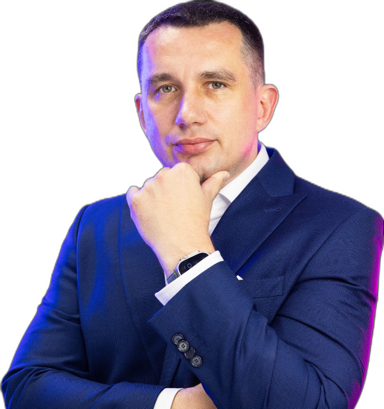 Pewny siebie doradca Droptica w niebieskim garniturze gotowy do pomocy