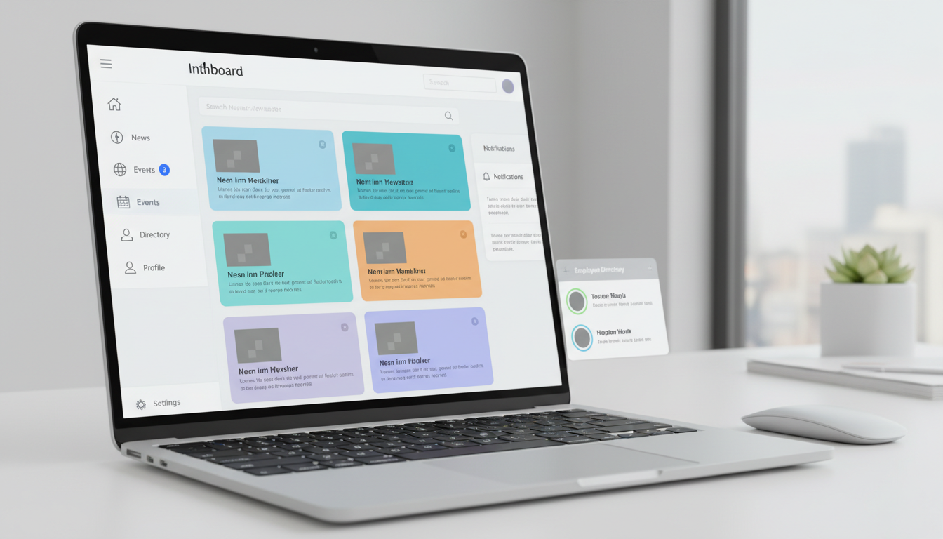 Open Intranet dashboard showing news feed, notifications, and employee directory