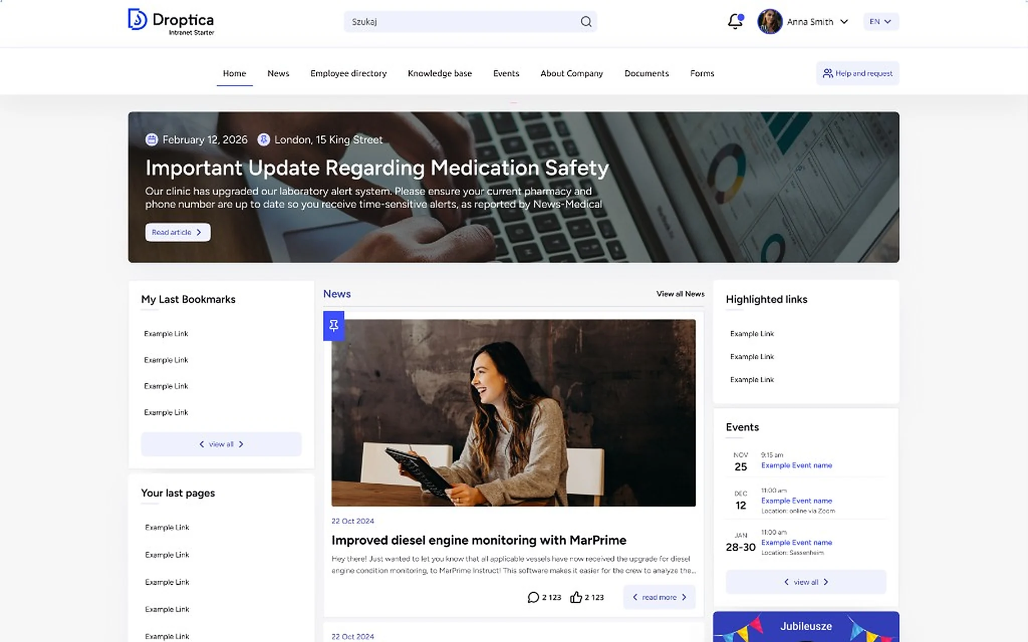 Panel Open Intranet z aktualnościami, powiadomieniami i książką adresową pracowników
