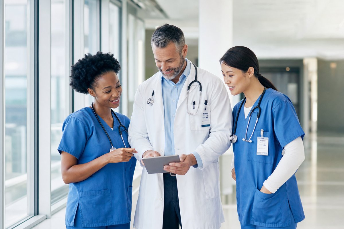 Healthcare team reviewing information on a tablet