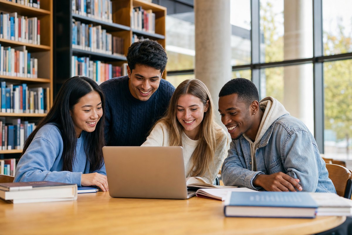 University students collaborating in a campus library